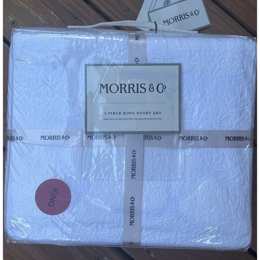 MORRIS & CO Cream White Cotton FLORAL MATELASSE KING DUVET Set 3PC New